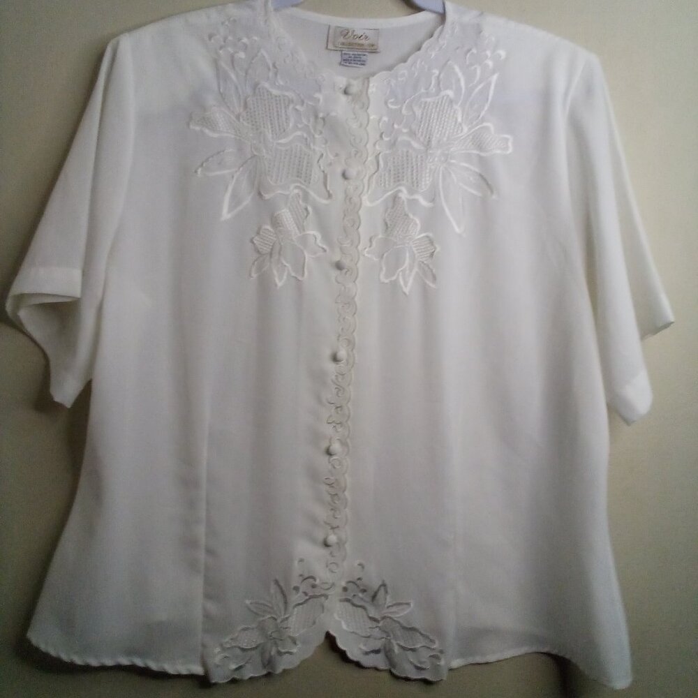 Voir Collection Blouse Women 16W 16 Vintage Embroidery Button Up Feminine Ivory